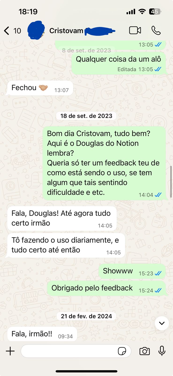 Depoimento de cliente via WhatsApp
