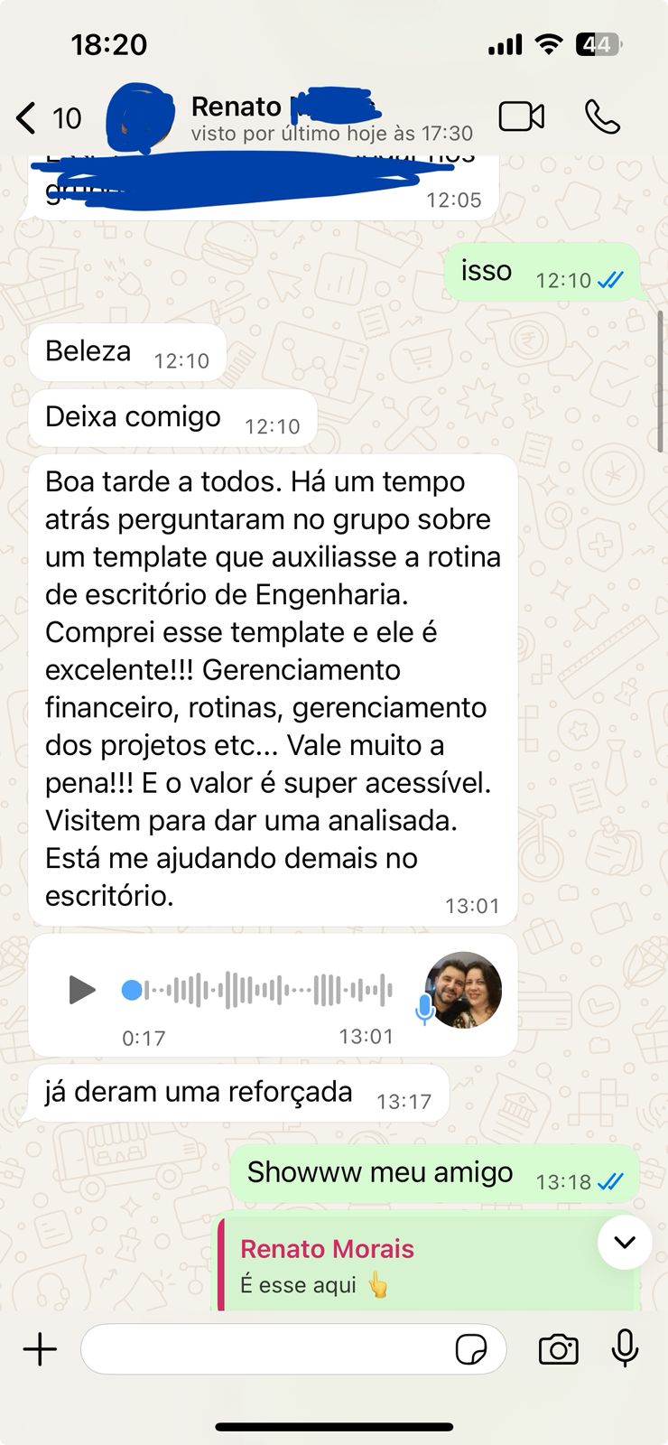 Depoimento de cliente via WhatsApp