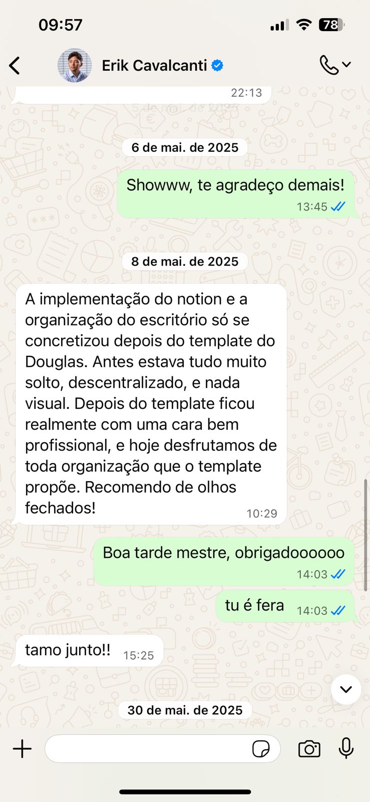Depoimento de cliente via WhatsApp
